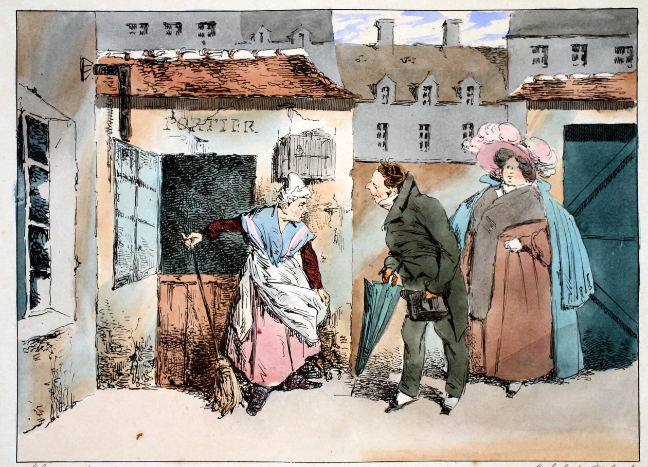 The Grocer and La Portiere, ca. 1828 (håndfarget litho) av Henri Bonaventure Monnier