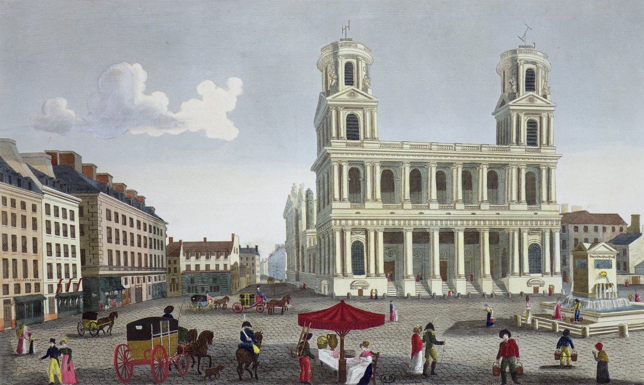 The Place Saint Sulpice, ca. 1815-20 (fargegravering) av Henri Courvoisier Voisin