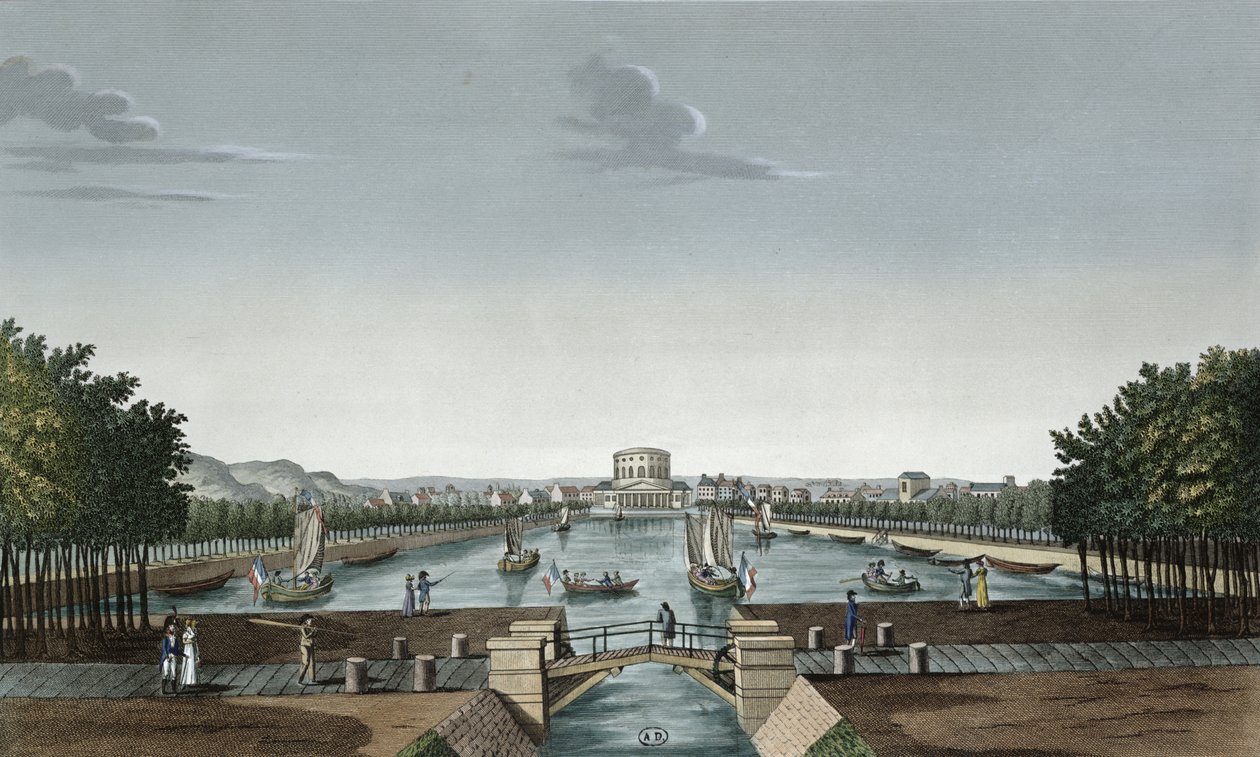Vief av Bassin du Canal de l'Ourq a la Villette, ca. 1815-20 (fargegravering) av Henri Courvoisier Voisin