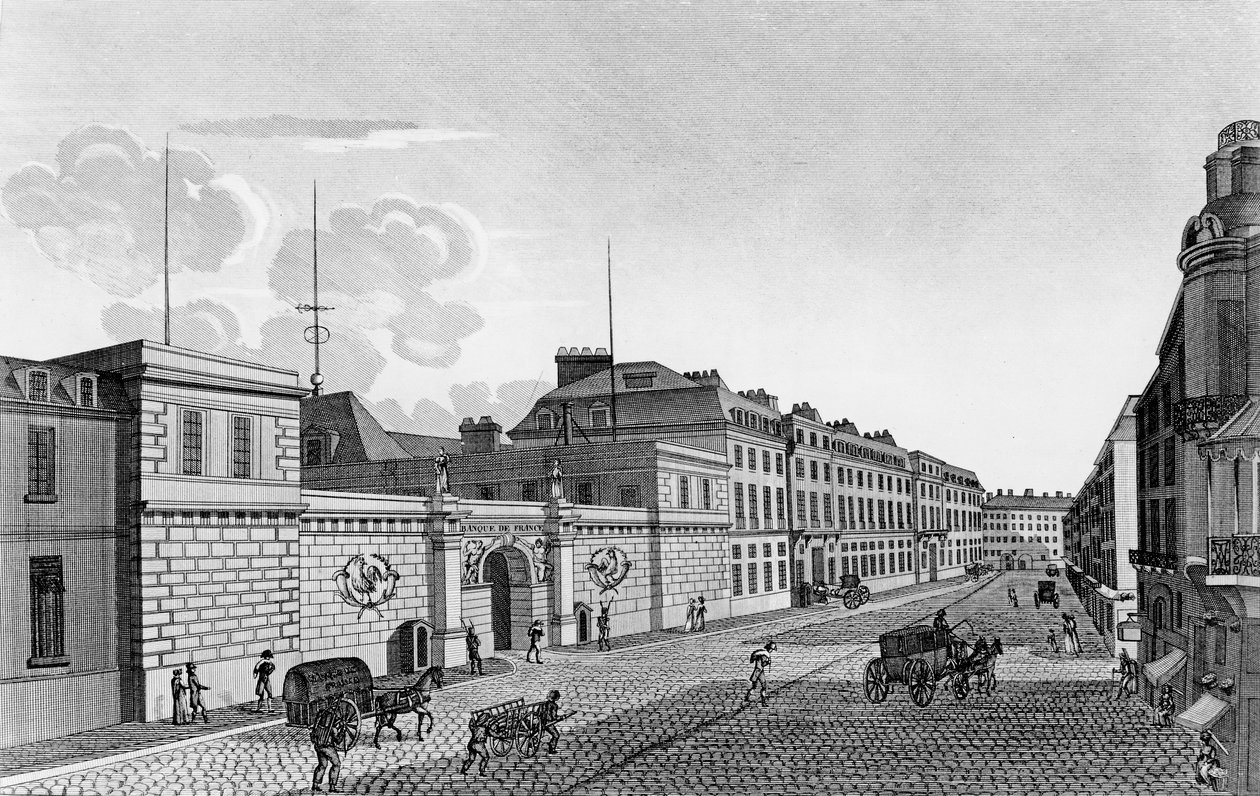 Utsikt over Bank of France fra Rue Croix-des-Petits-Champs, 1800 av Henri Courvoisier Voisin