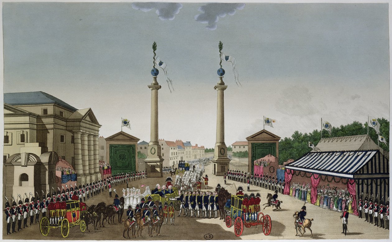 Presentasjon av Paris-nøklene til kong Ludvig XVIII (1755-1824) ved Barriere Saint-Denis 3. mai 1814, ca. 1815-20 (fargegravering) av Henri Courvoisier Voisin