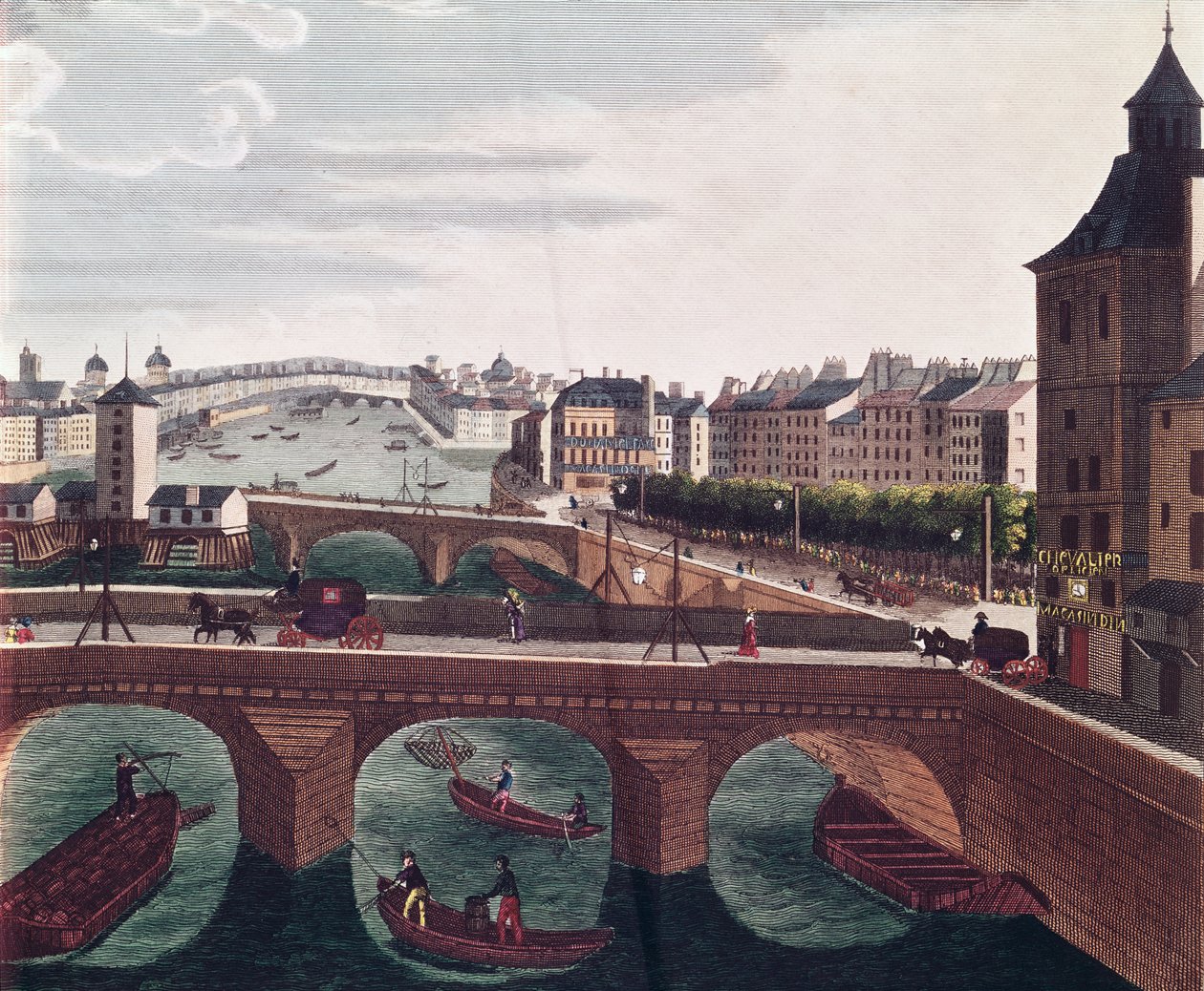 Pont au Change og Pont Notre Dame, ca. 1815-20 fargegraveringsdetalj av 220485 av Henri Courvoisier Voisin