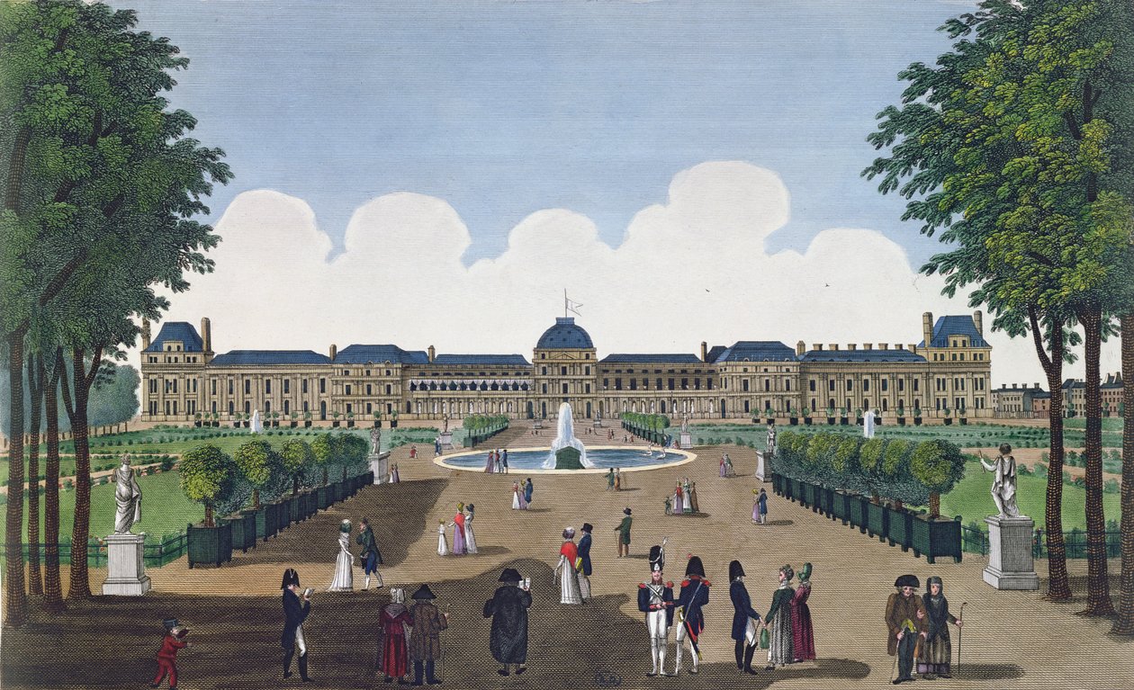 Tuileriene og Tuileriene, ca. 1815-20 (fargegravering) av Henri Courvoisier Voisin