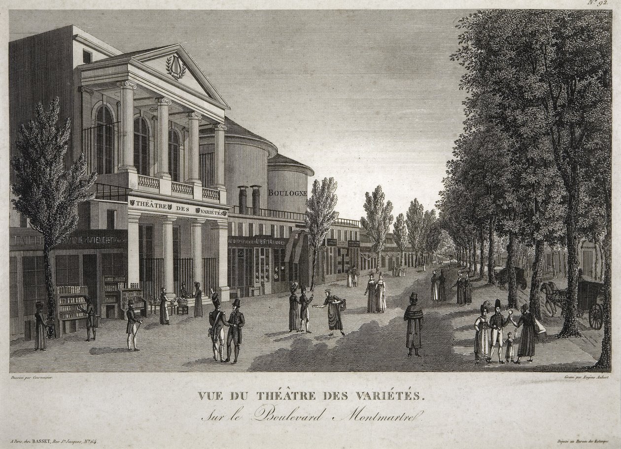 Theatre des Varietes, Boulevard Montmartre, Paris, gravert av Eugene Aubert (1789-1847) ca. 1810 av Henri Courvoisier Voisin