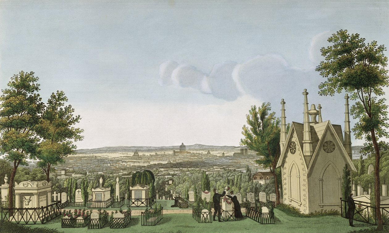 Utsikt over Pere-Lachaise kirkegård fra det gotiske kapellet, gravert av Guiguet av Henri Courvoisier Voisin