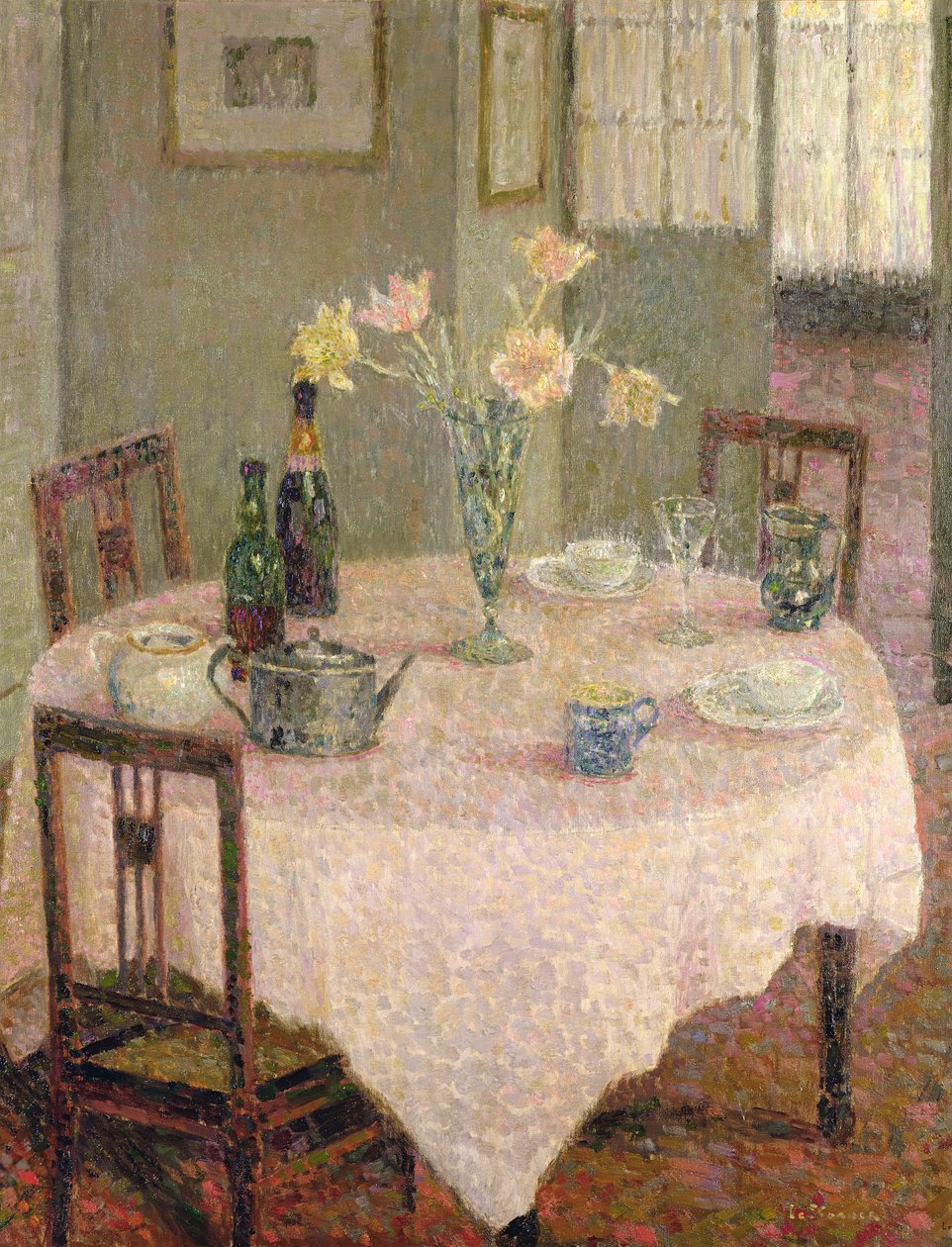 Interiør med rosa duk av Henri Eugene Augustin Le Sidaner