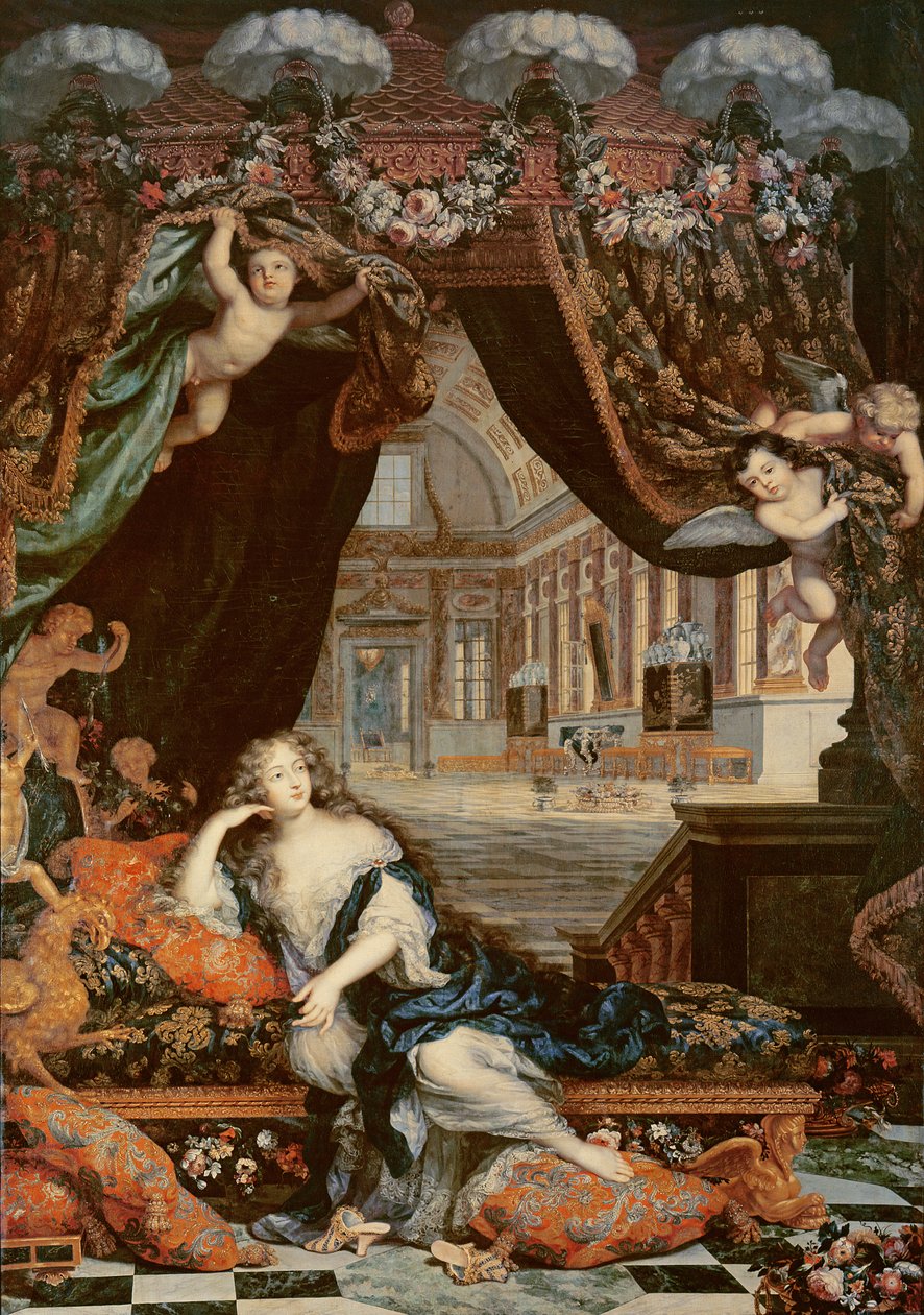 Portrett av Madame de Montespan (1640-1707) lenende foran galleriet til Chateau de Clagny av Henri Gascard