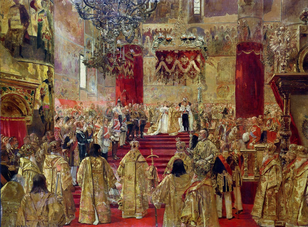 Studie for kroningen av tsar Nicholas II (1868-1918) og tsarina Alexandra (1872-1918) ved Himmelfartskirken, Moskva, 14. mai 1896 av Henri Gervex