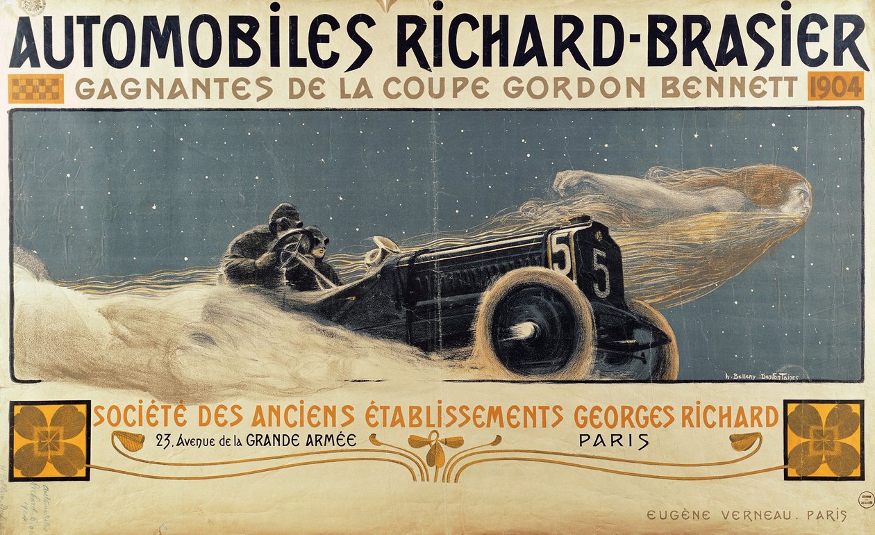 Plakat som viser Automobiles Richard-Brasier som vant Gordon Bennett Cup, 1904 av Henri Jules Ferdinand Bellery Defonaines