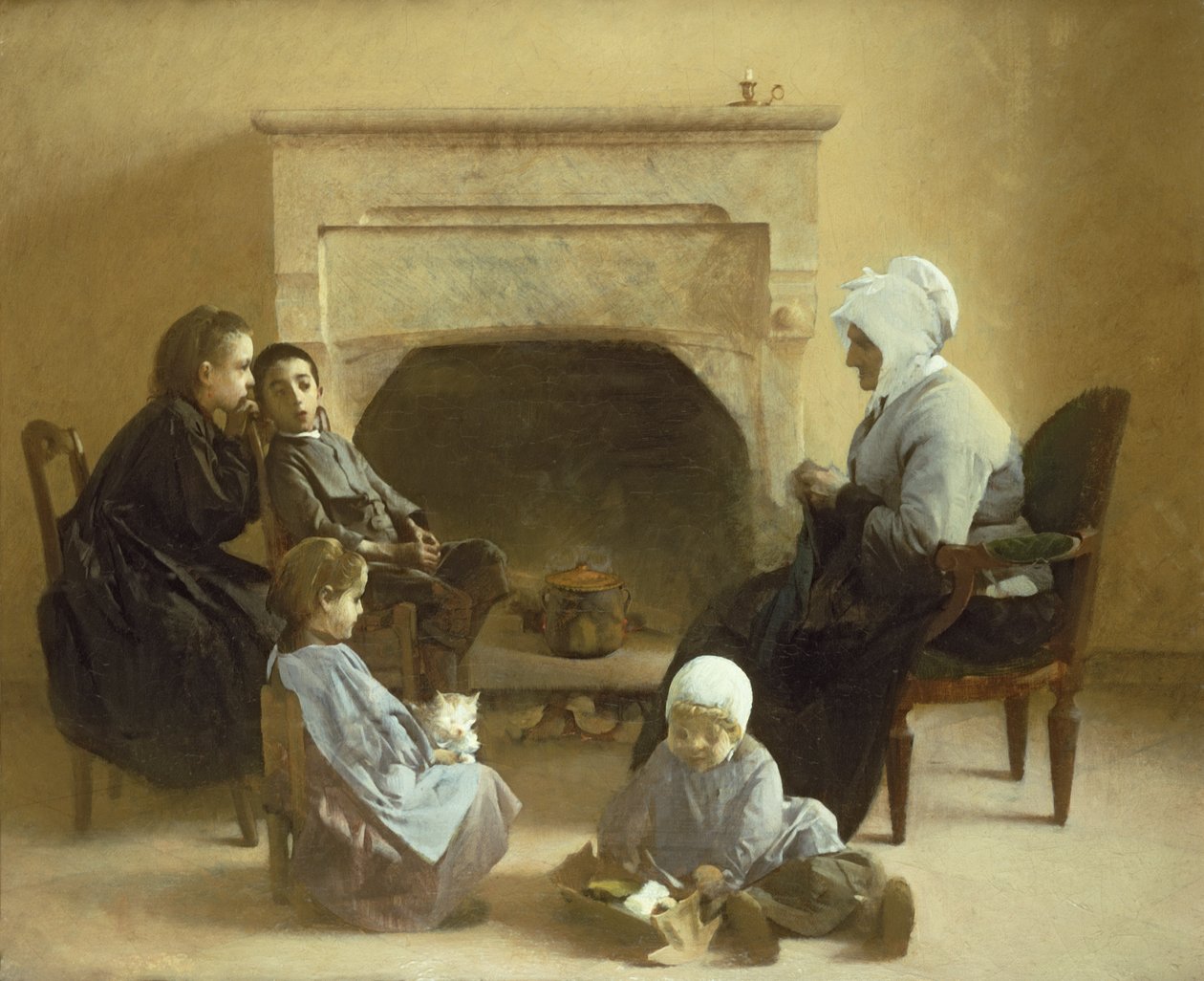 Familie som sitter rundt et ildsted av Henri Jules Jean Geoffroy