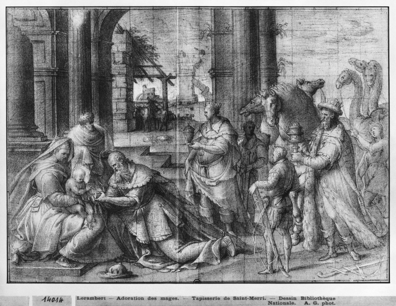 Life of Christ, Adoration of the Magi, forberedende studie av billedvev tegneserie for Church Saint-Merri i Paris, ca. 1585-90 (pierre noire und wash und white highlights on paper) av Henri Lerambert