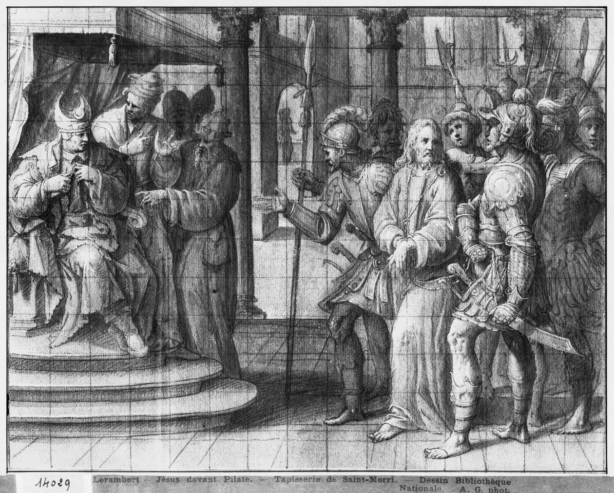 Life of Christ, Christ before Pontius Pilatus, forberedende studie av billedvev tegneserie for kirken Saint-Merri i Paris, ca. 1585-90 (pierre noire und wash und white highlights on paper) av Henri Lerambert