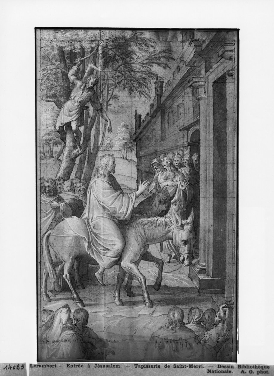 Life of Christ, Entry of Christ into Jerusalem, forberedende studie av billedvev tegneserie for kirken Saint-Merri i Paris, ca. 1585-90 (pierre noire und wash und white highlights on paper) av Henri Lerambert