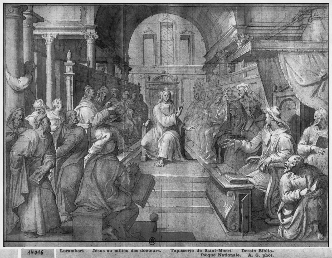 Life of Christ, Jesus among the Doctors, forberedende studie av billedvev tegneserie for Church Saint-Merri i Paris, ca. 1585-90 (pierre noire und wash und white highlights on paper) av Henri Lerambert