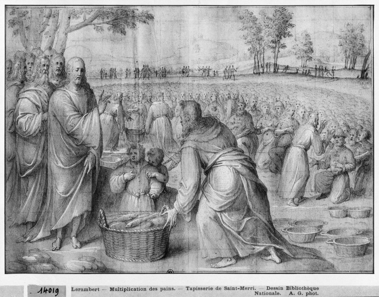 Kristi liv, multiplikasjon av brødene og fiskene, forberedende studie av billedvev tegneserie for kirken Saint-Merri i Paris, ca. 1585-90 (pierre noire und wash und white highlights on paper) av Henri Lerambert