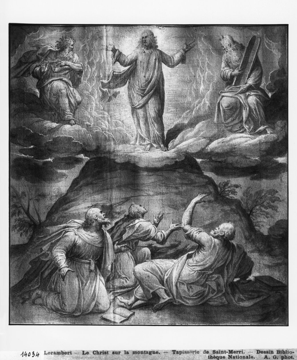 Life of Christ, Transfiguration of Christ on Mount Tabor, forberedende studie av billedvev tegneserie for Church Saint-Merri i Paris, ca. 1585-90 (pierre noire und wash und white highlights on paper) av Henri Lerambert