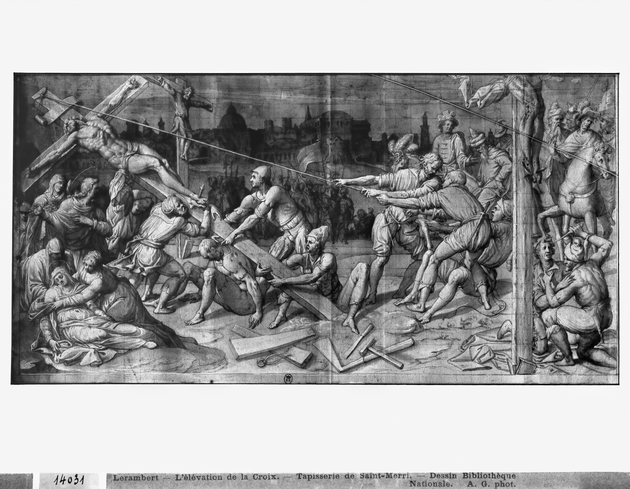 Life of Christ, the Raising of the Cross, forberedende studie av billedvev tegneserie for Church Saint-Merri i Paris, ca. 1585-90 (pierre noire und wash und white highlights on paper) av Henri Lerambert