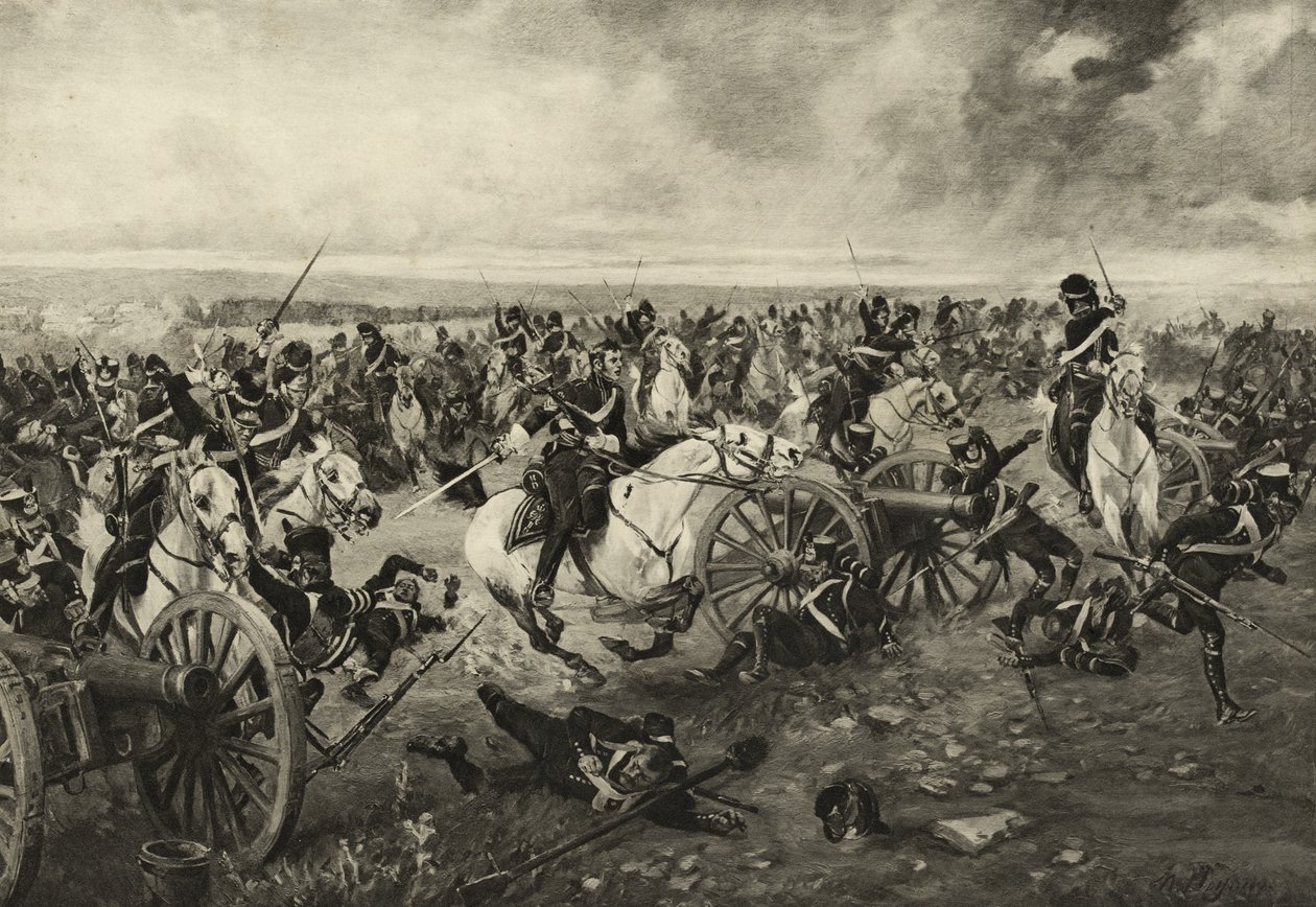 The Scots Greys ved Waterloo, 18. juni 1815, ca. 1902 av Henri Louis Dupray