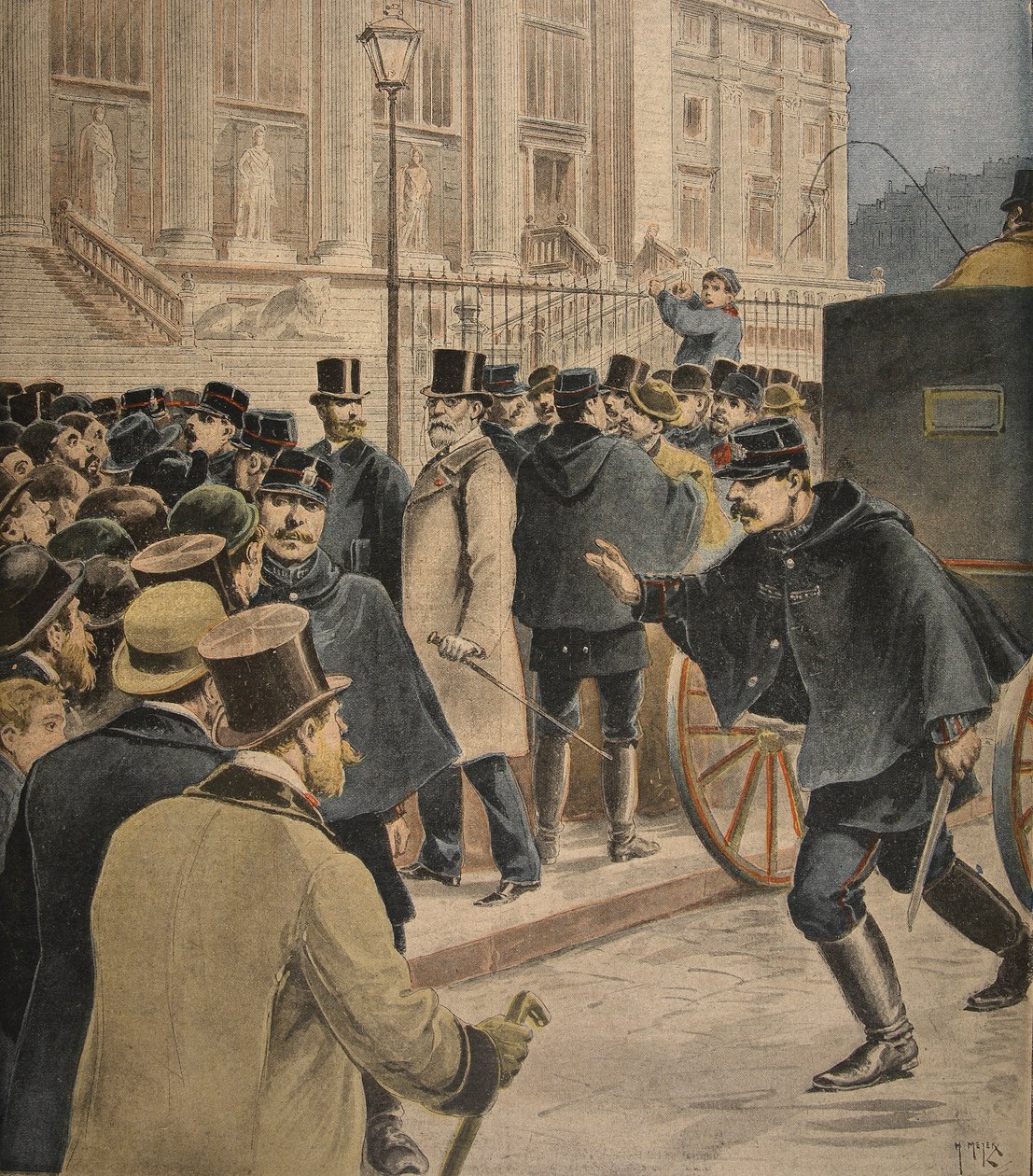 Emile Zola utenfor tinghuset, illustrasjon fra 'Le Petit Journal: Supplement illustre', 20. februar 1898 av Henri Meyer