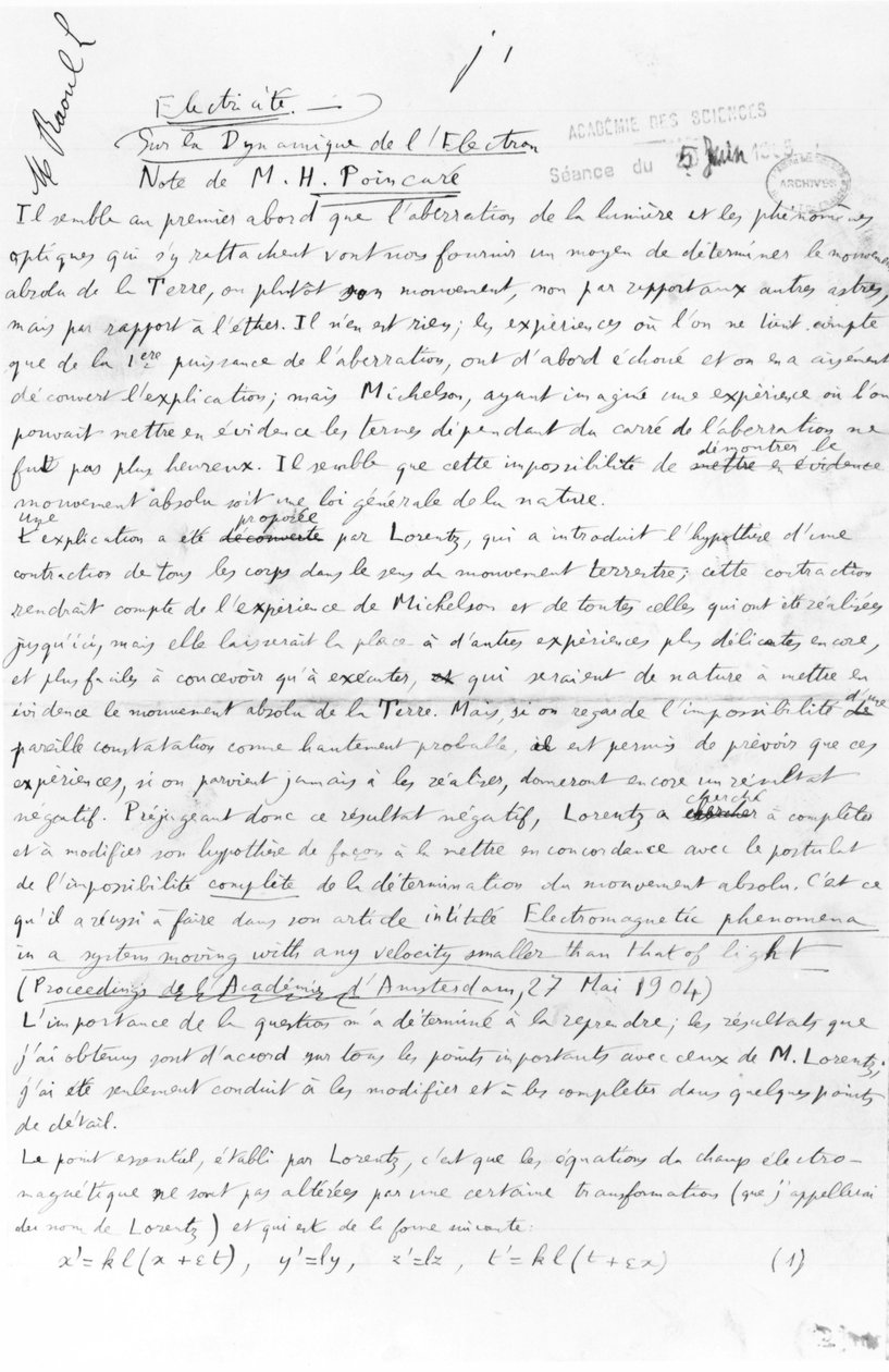 Manuskript om elektrondynamikk, 5. juni 1905 (penn og blekk på papir) av Henri Poincare