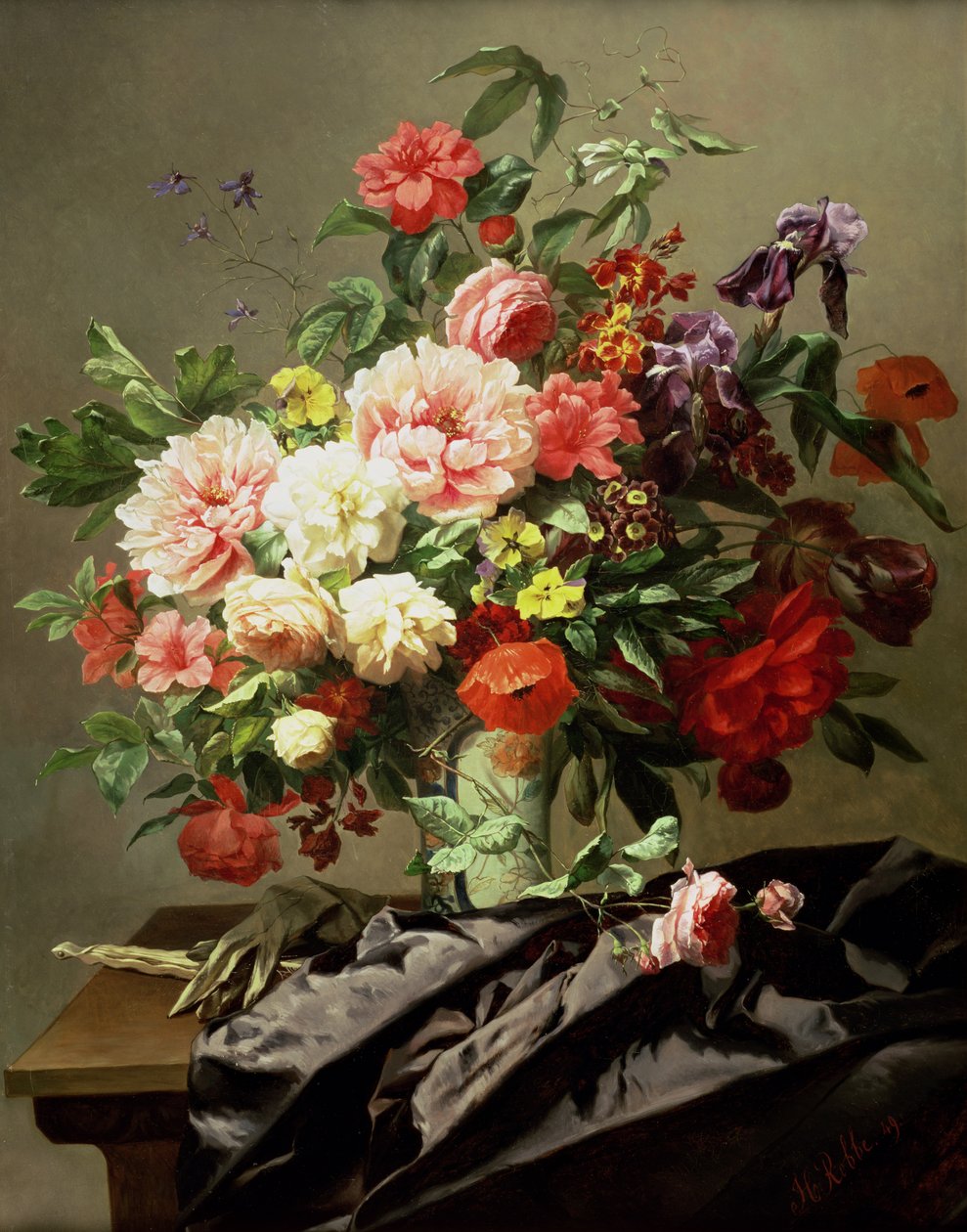 Peoner, valmuer og roser, 1849 av Henri Robbe