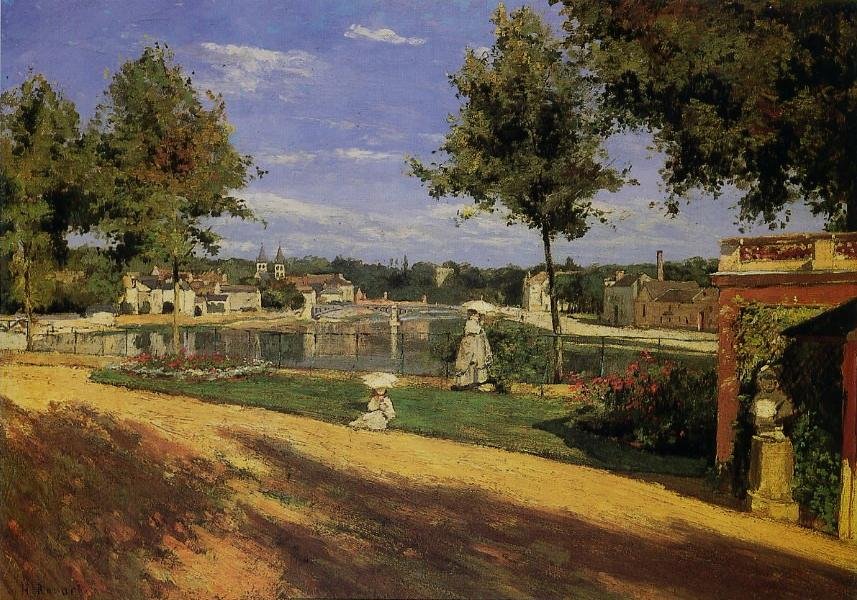 Terrasse på bredden av Seinen på Melunn Francais: La terrasse au bord de la Seine a Melun. I bakgrunnen La Maison centrale de Melun på lile Saint-Etienne. Vi kan se noen fabrikker i Vaux-le-Penil på høyre bredd av Seinen, og i bakgrunnen kan vi gå inn av Henri Rouart