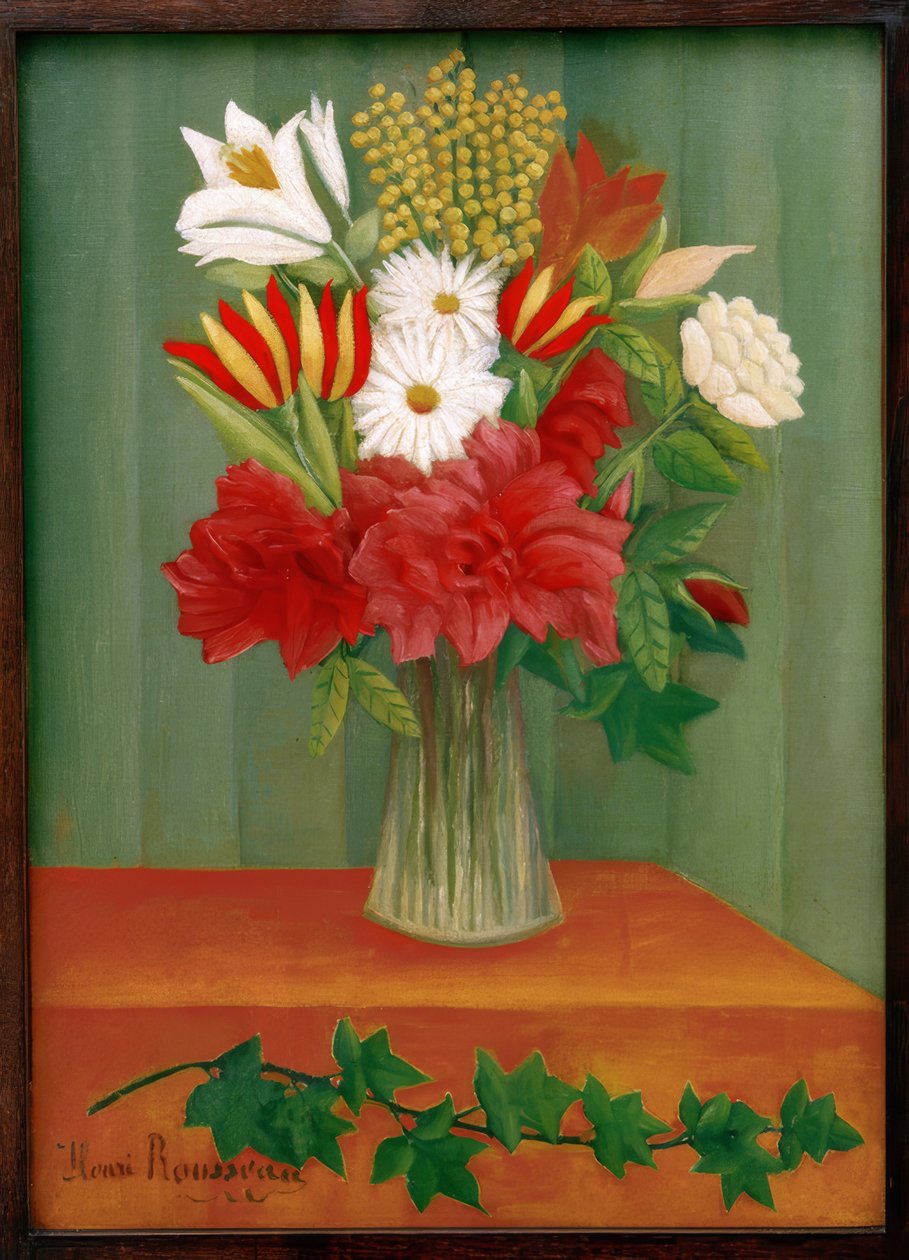 Bukett med blomster ved grenen av eføy av Henri Rousseau