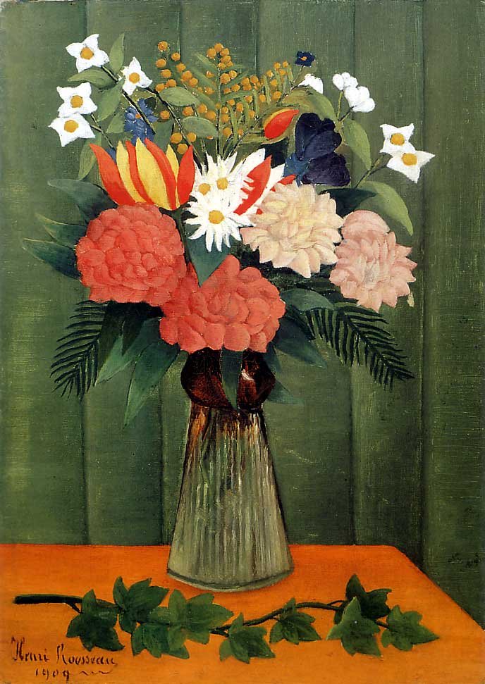 Blomsterbukett med en eføy gren av Henri Rousseau