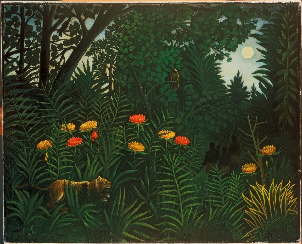 Eksotisk landskap med tigre og jegere av Henri Rousseau
