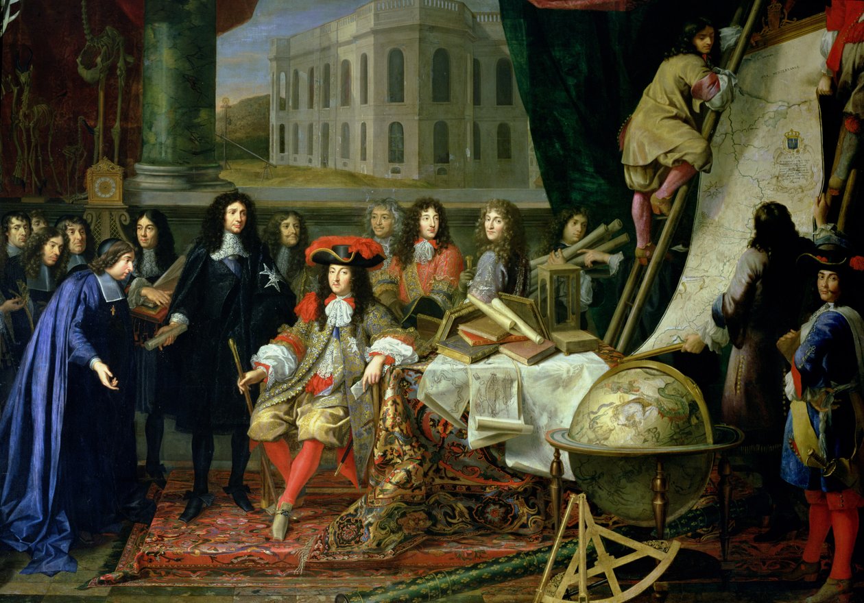 Jean-Baptiste Colbert (1619-83) presenterer medlemmene av Royal Academy of Science for Louis XIV (1638-1715) ca. 1667 (detaljer) (se også 104626) av Henri Testelin