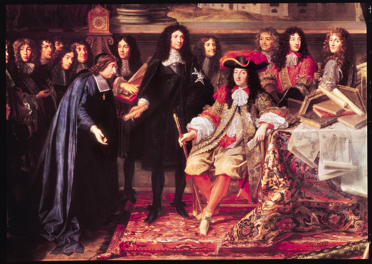 Jean-Baptiste Colbert (1619-83) Presenterer medlemmene av Royal Academy of Science for Louis XIV (1638-1715) detalj av den sentrale delen, ca. 1667 av Henri Testelin