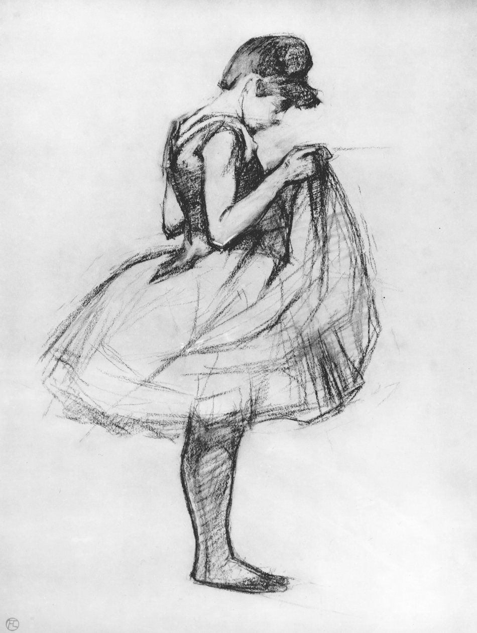 Danser justerer kostymet og fester skjørtet, 1889 (kull på papir) av Henri de Toulouse Lautrec