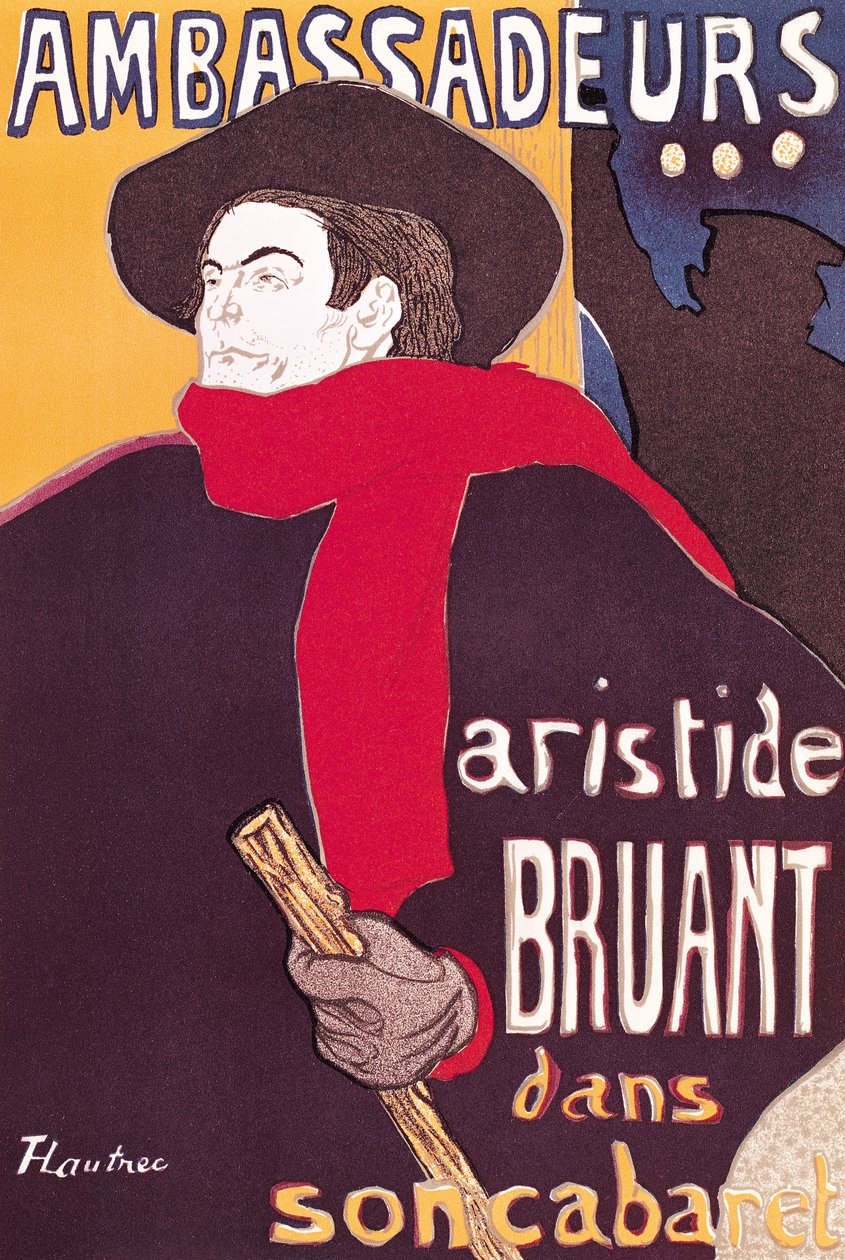 Plakat som reklamerer for Aristide Bruant (1851-1925) i kabareten hans på Ambassadeurs, 1892 av Henri de Toulouse Lautrec