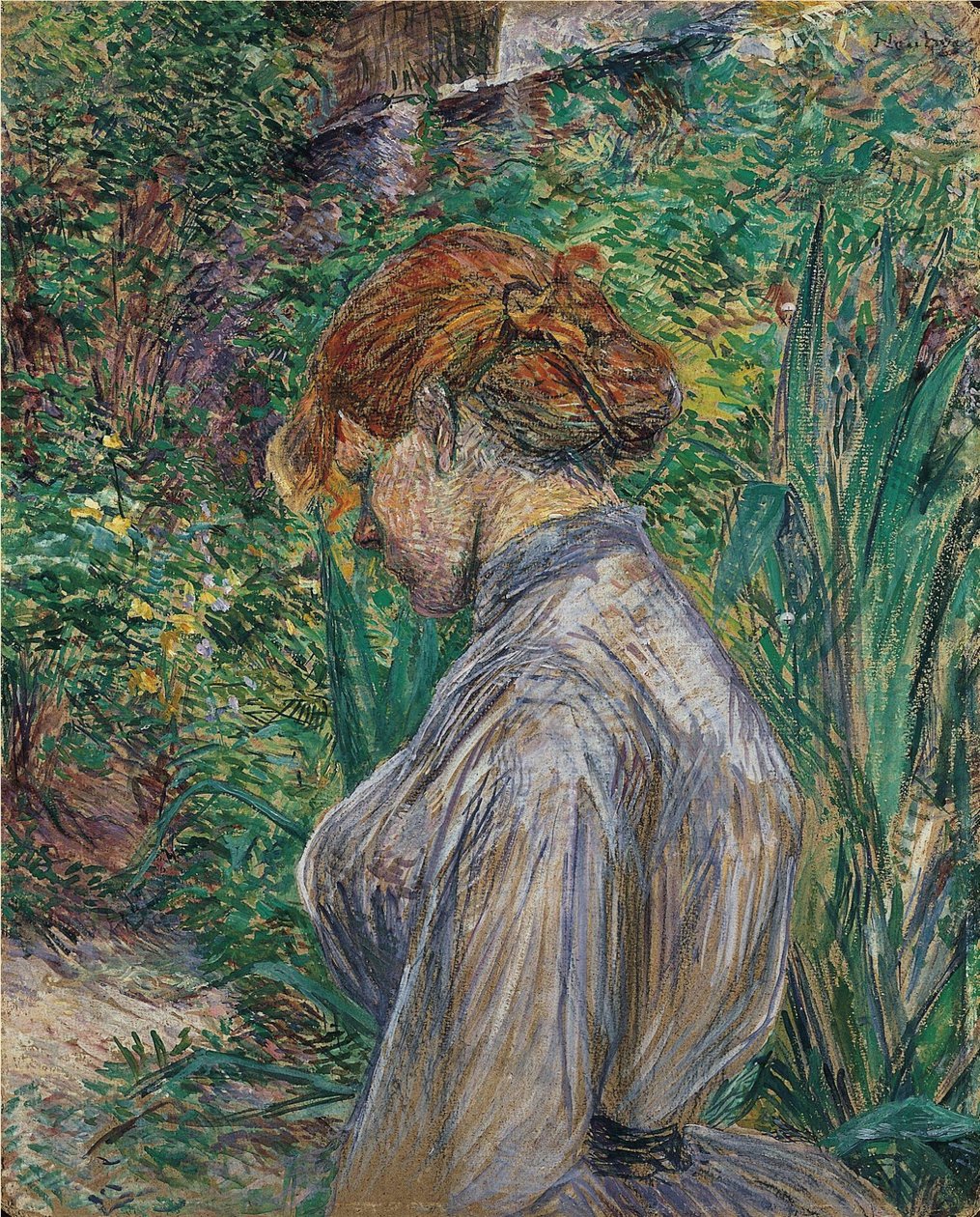 Rødhodet kvinne i hagen til Monsieur Foret av Henri de Toulouse Lautrec