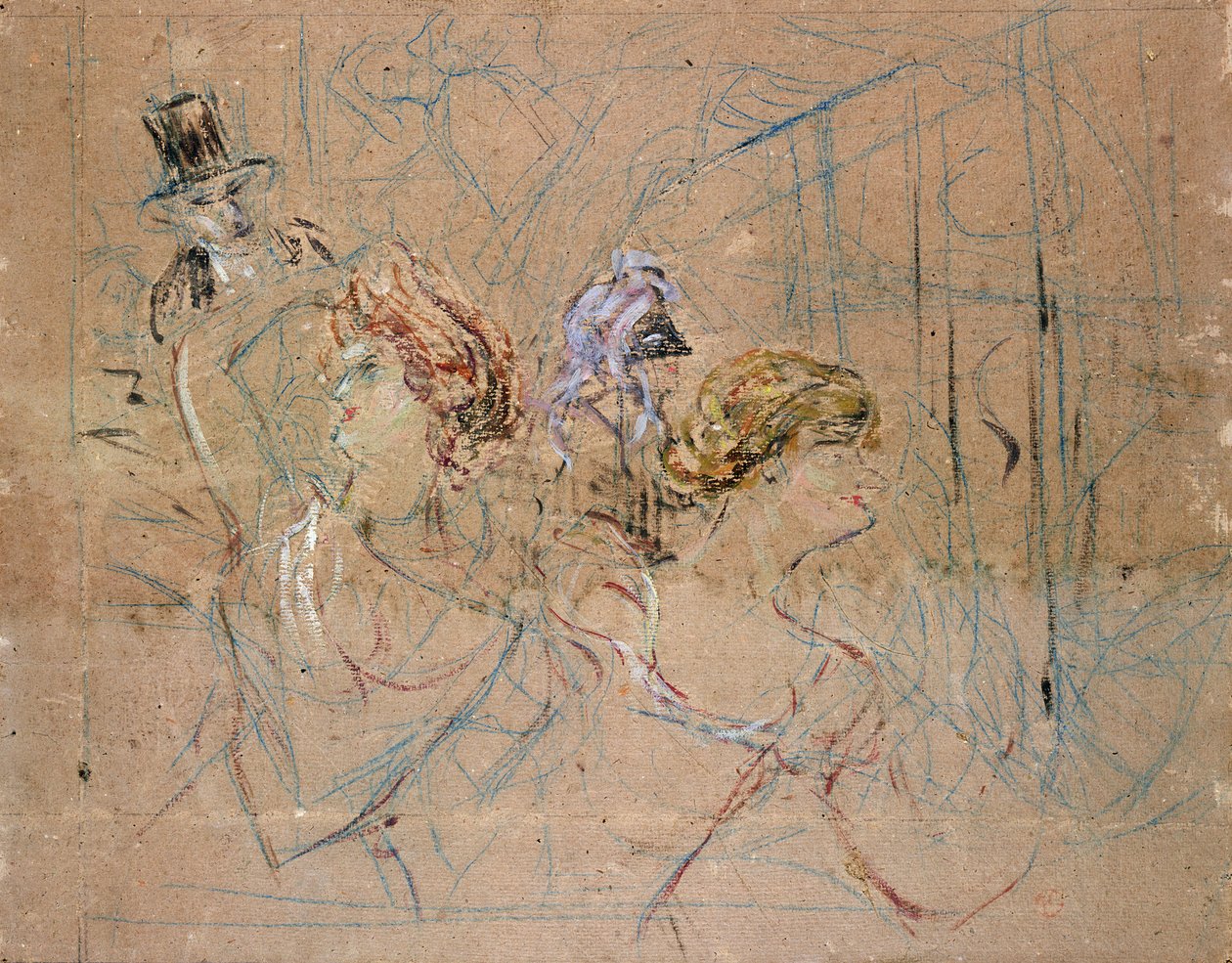 Skisse for 'At Masked Ball', ca. 1892 (farget blyant på papir) av Henri de Toulouse Lautrec