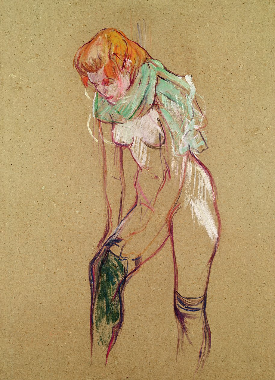 Kvinne trekker opp strømpen, 1894 (olje på kort) av Henri de Toulouse Lautrec