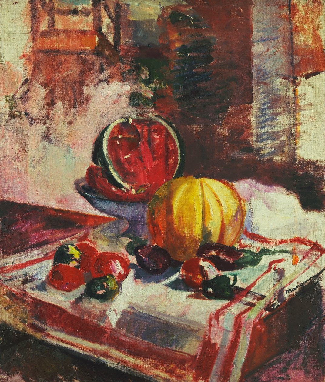 Stilleben med vannmelon; Naturen morte a la Pasteque av Henri Charles Manguin