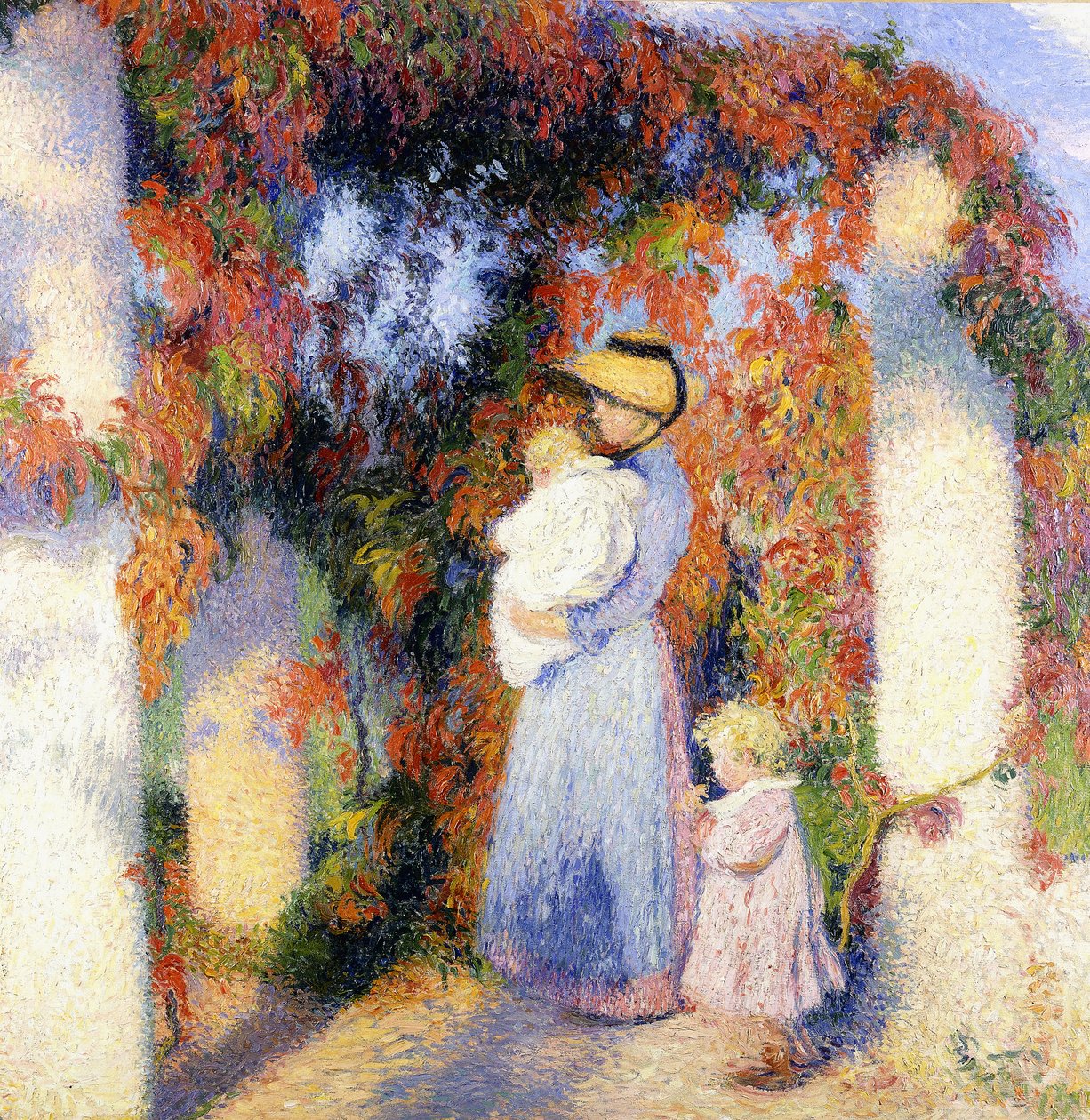 Kvinne med to barn under hovedpergolaen i Marquayrol, ca. 1900 (olje på lerret) av Henri Charles Manguin