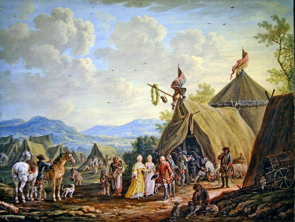 Besøk til en militær leir (gouache på papir) av Henri Desire van Blarenberghe