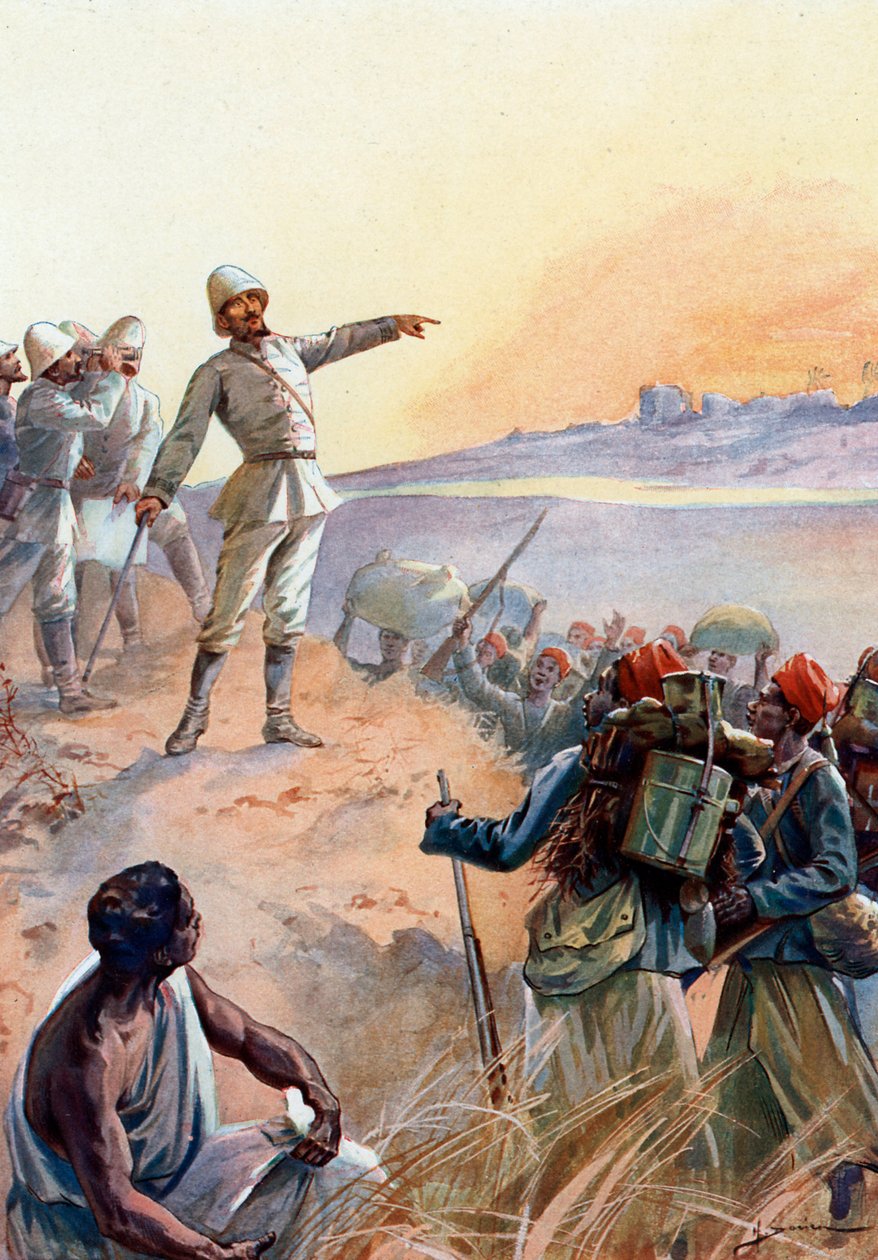 Fachoda-krisen: Kaptein Jean Baptiste Marchand (1863-1934) og hans senegalesiske Tirailleurs marsjerte for Fachoda i Sudan for å gjøre det til et fransk protektorat, juli 1898" (Fashoda-hendelse: Major Jean-Baptiste Marchand trekker gjennom Afrika med av Henri Gaston Darien
