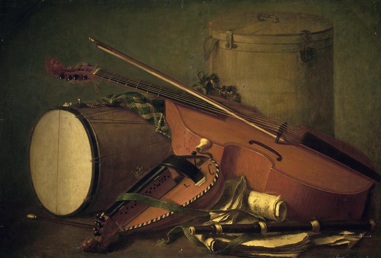 Musikkinstrumenter, tromme, fiolin, fløyte og dreieskiver, av Henri Horace Roland de la Porte (1724-1793). Frankrike av Henri Horace Roland Delaporte