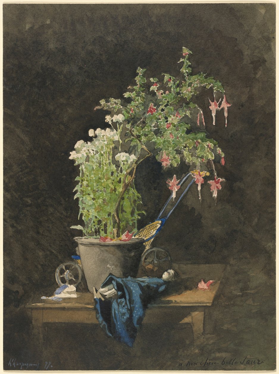 En fuksia i potte med barneleker av Henri-Joseph Harpignies