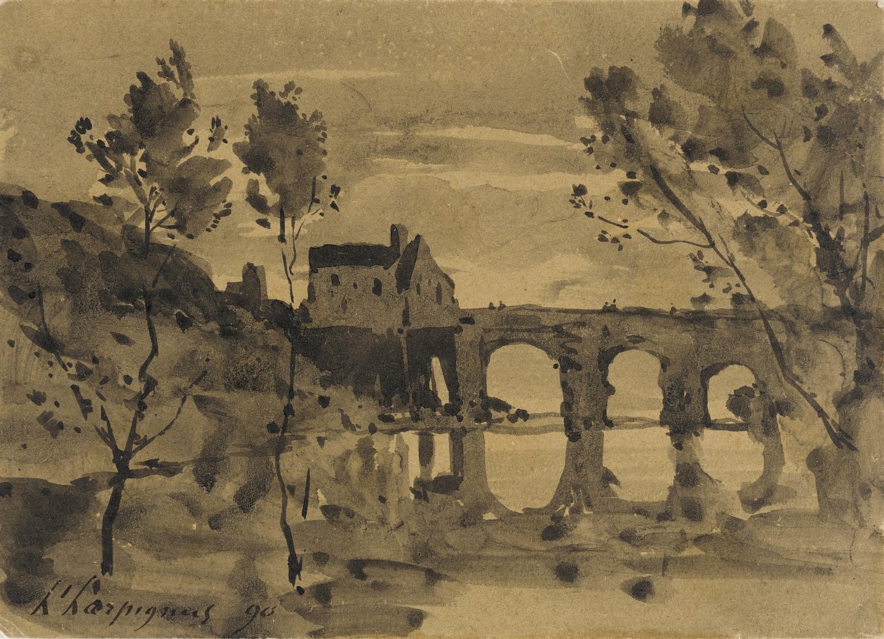 Elvelandskap med bro og hus av Henri-Joseph Harpignies