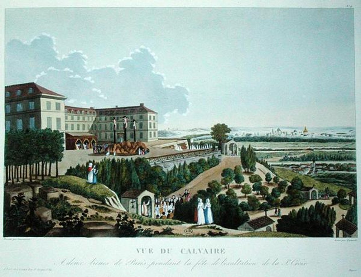 Prosesjon før en kalvarie reist av misjonene ved Mont Valerien, nær Paris, gravert av Queverdo av Henri (after) Courvoisier Voisin