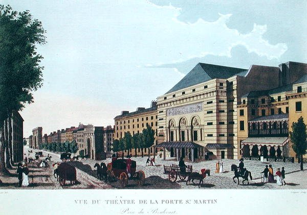 Theatre de la Porte Saint-Martin. ca. 1815-20 (fargegravering) av Henri (after) Courvoisier Voisin