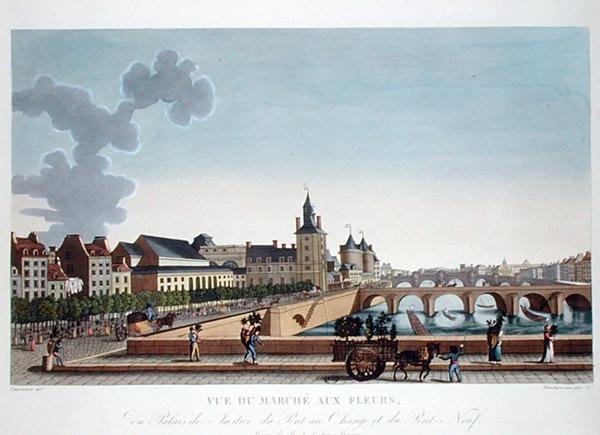Utsikt over blomstermarkedet ved Palais de Justice, ca. 1816-20 (farget gravering) av Henri (after) Courvoisier Voisin