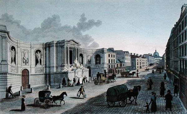 Utsikt over fontenen på Rue de Grenelle, Faubourg St. Germain, gravert av Grimbergen, ca. 1815-20 (farget gravering) av Henri (after) Courvoisier Voisin