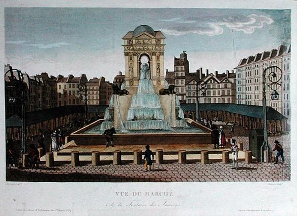 Utsikt over Marche des Innocents, gravert av Eugene Dubois, ca. 1815-20 (farget gravering) av Henri (after) Courvoisier Voisin