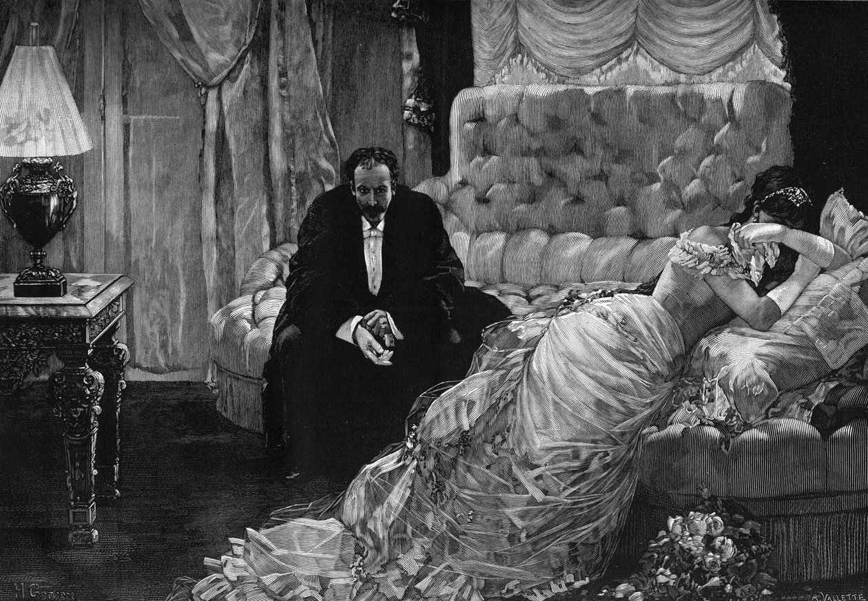 Tilbake fra skoleballet: en sjalusiscene mellom en kvinne i tårer og en mann i klær som nervøst tar av seg hanskene. Gravering etter maleriet av Henri Gervex (1852-1929). I "" Le Monde Illusre"" nr. 1889 av 10. januar av Henri (after) Gervex