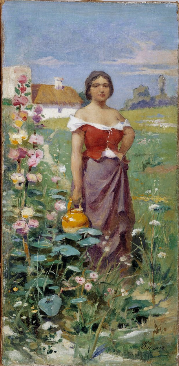 Camargaise en kanne Ung kvinne kledd med en sigøyner på et felt. Maleri av Adrien Henri Tanoux (1865-1923) 20. århundre Obligatorisk omtale: Collection fondation regards de Provence, Marseille av Henri Adrien Tanoux
